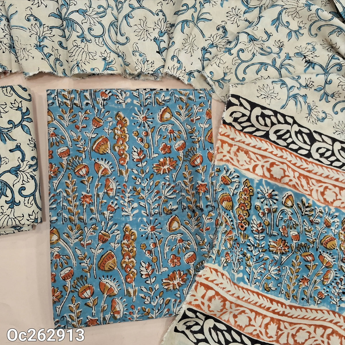 Blue hand block printed premium chanderi silk cotton unstitched salwar material (Thin, Lining Needed) santoon bottom, assam silk dupatta with hand block prints (TAPINGS NEEDED). OC262913