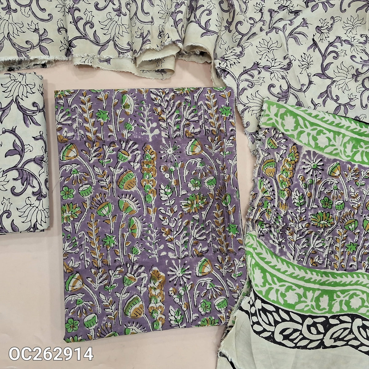 Light purple hand block printed premium chanderi silk cotton unstitched salwar material (Thin, Lining Needed) santoon bottom, assam silk dupatta with hand block prints (TAPINGS NEEDED). OC262914