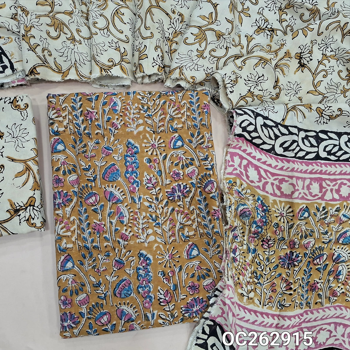 Rich beige hand block printed premium chanderi silk cotton unstitched salwar material (Thin, Lining Needed) santoon bottom, assam silk dupatta with hand block prints (TAPINGS NEEDED). OC262915
