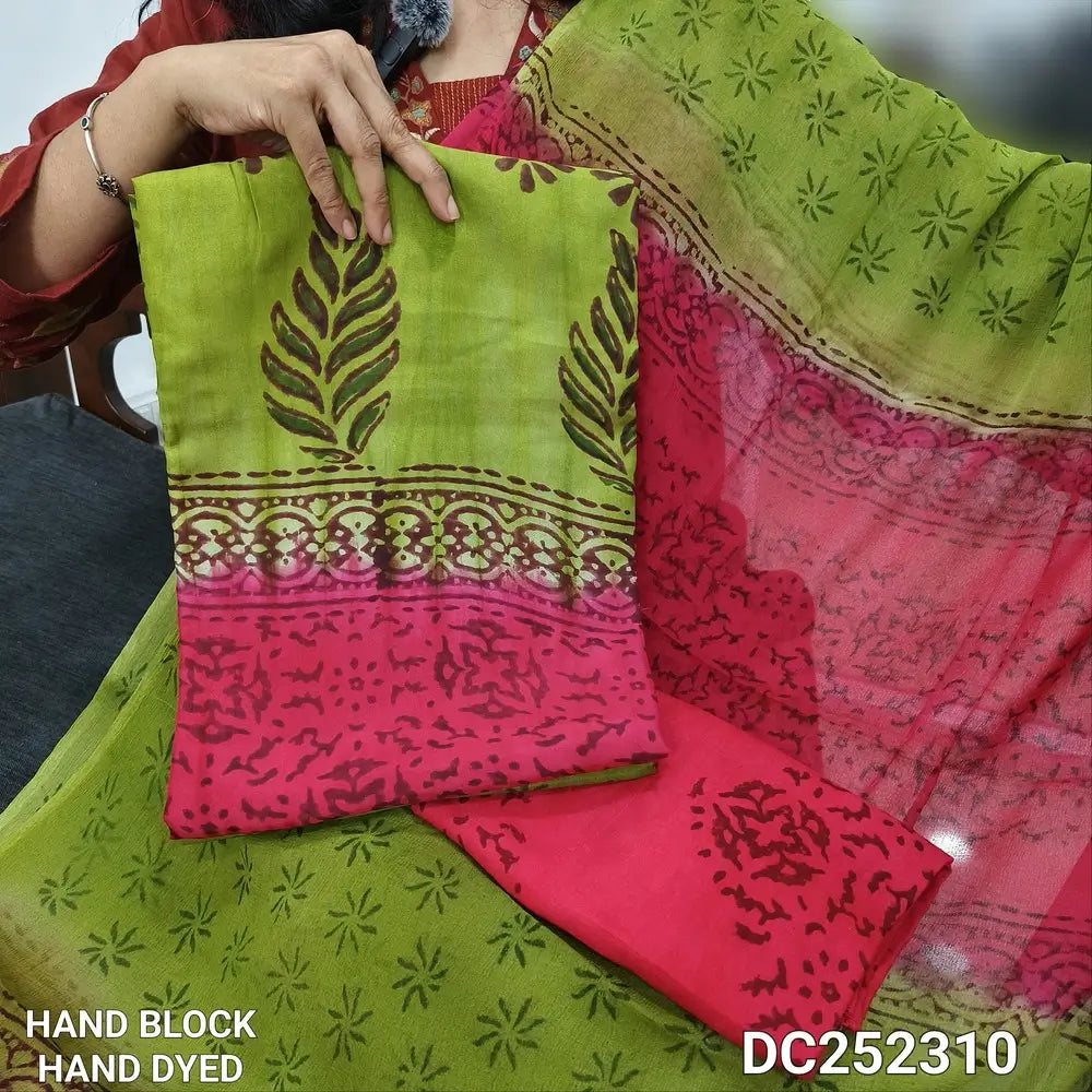 PREORDER 1 WEEK Pink & light Green uppada silk unstitched salwar material(lining needed) hand block printed allover, santoon bottom, block printed premium chiffon dupatta(TAPING NEEDED). DC252310(there will be inconsistency of color and block prints)