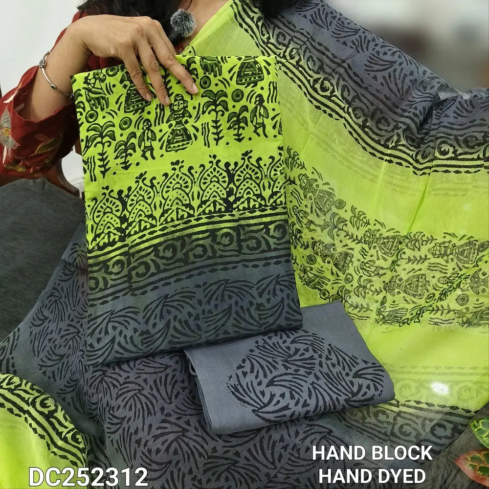 PREORDER 1 WEEK Grey & light Green uppada silk unstitched salwar material(lining needed) hand block printed allover, santoon bottom,block printed premium chiffon dupatta (TAPING NEEDED). DC252312(there will be inconsistency of color and block prints)
