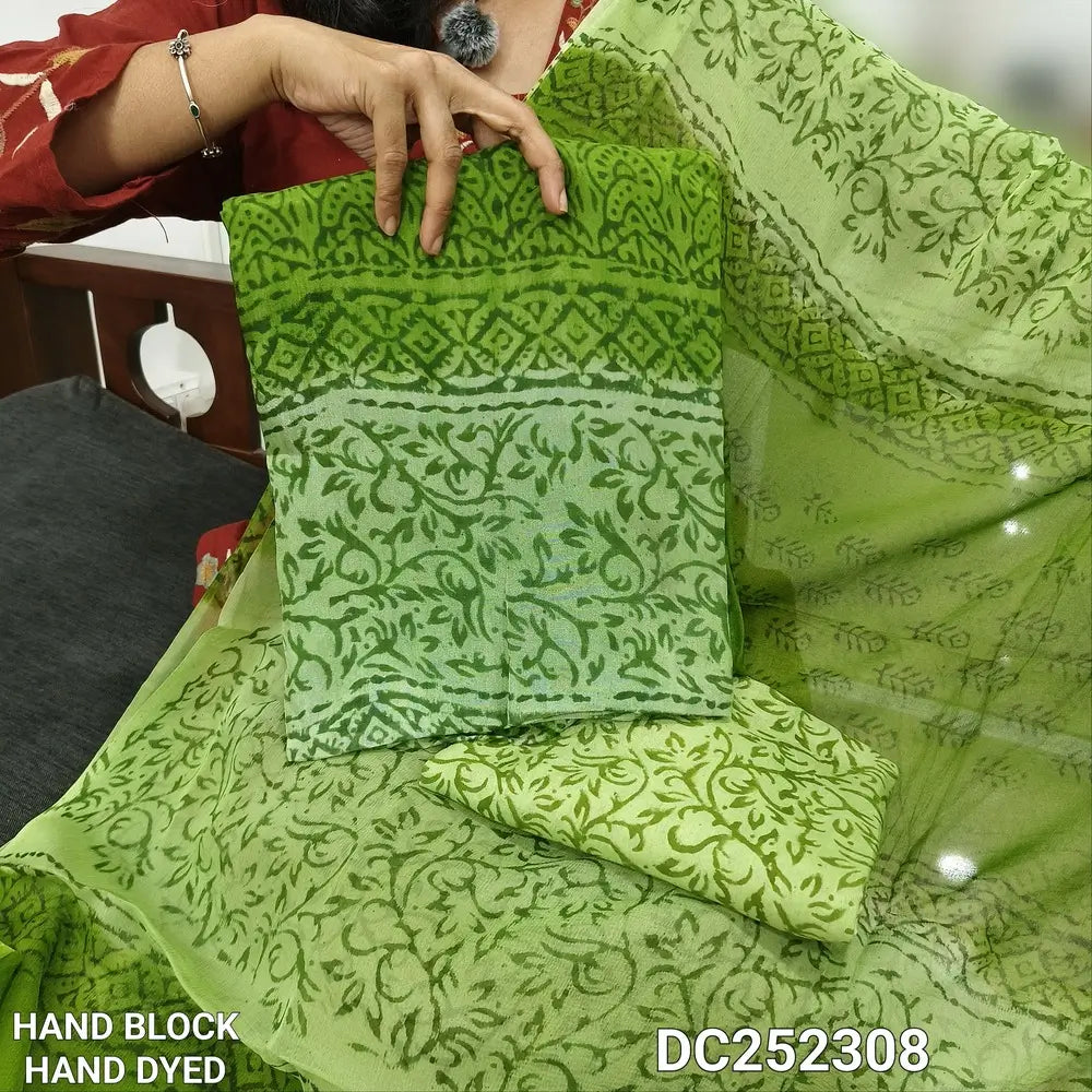 Light & dark Green uppada silk unstitched salwar material (lining needed) hand block printed allover, printed santoon bottom, block printed premium chiffon dupatta (TAPING NEEDED). DC252308(there will be inconsistency of color and block prints)