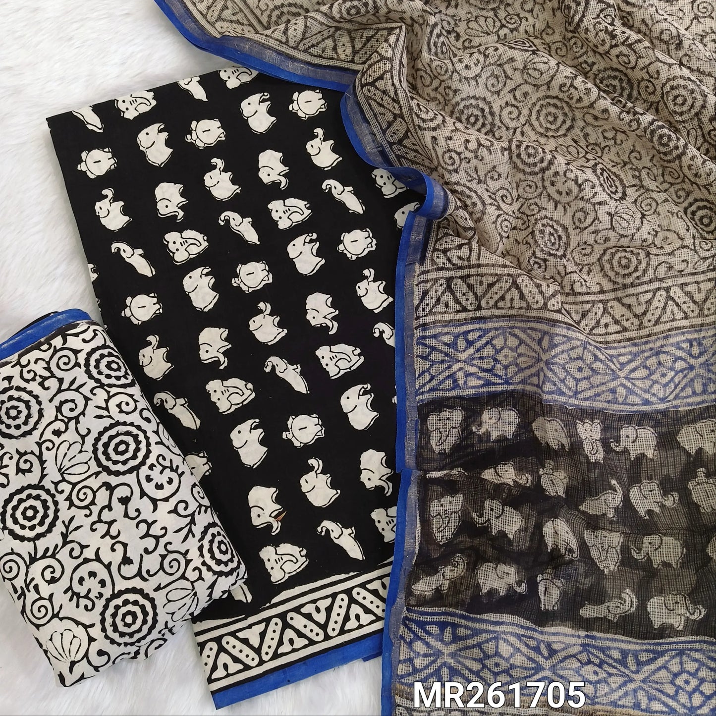 Black Elephant Handblock printed pure soft cotton unstitched salwar material, handblock printed cotton dupatta, block printed soft kota doria dupatta. (TAPINGS NEEDED, INCONSISTENT PRINTS ARE NOT DEFECTS) MR261705
