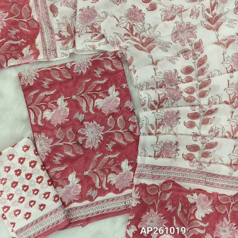 Pink hand block printed pure mul cotton unstitched salwar material, (thin,lining optional) hand block printed cotton bottom,block printed full length mul cotton dupatta.(TAPINGS NEEDED, INCONSISTENT PRINTS ARE NOT DEFECTS) AP261019