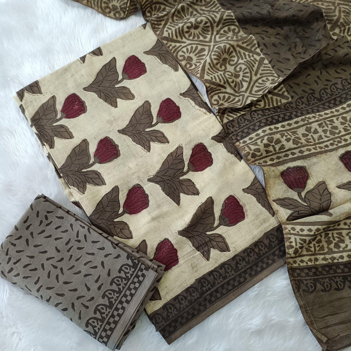 Handblock printed bagru unstitched salwar material, block printed cotton bottom and block printed cotton dupatta. TAPINGS NEEDED, INCONSISTENCY IN PRINTS, DYES and STAINS are not considered as defects as they are authentic block printed pieces. ap262823