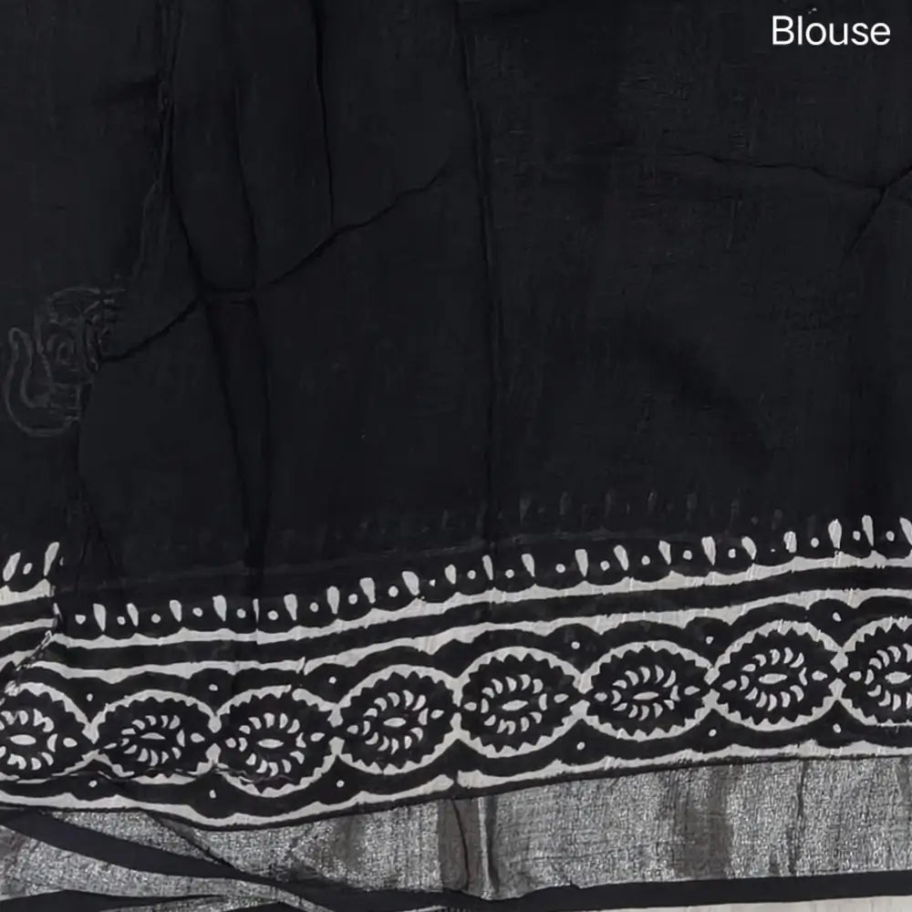 Black block printed linen cotton saree with double side silver zari borders (lightweight,soft) printed pallu with silver zari stripes, plain running blouse with borders. NS63