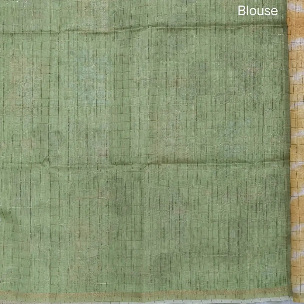 Yellow with pastel green shibori printed soft silk cotton saree with zari checks all over, contrast animal prints on pallu, contrast running blouse with zari chceks and borders.NS68