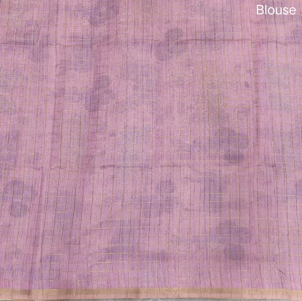 Light grey with pastel pink shibori printed soft silk cotton saree with zari checks all over, contrast animal prints on pallu, contrast running blouse with zari chceks and borders.NS67