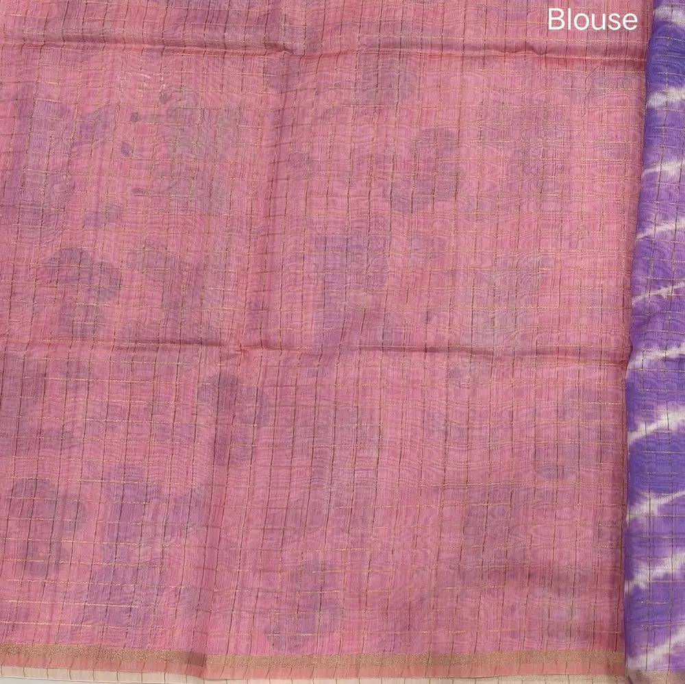Purple with pink shibori printed soft silk cotton saree with zari checks all over, contrast animal prints on pallu, contrast running blouse with zari chceks and borders.NS71