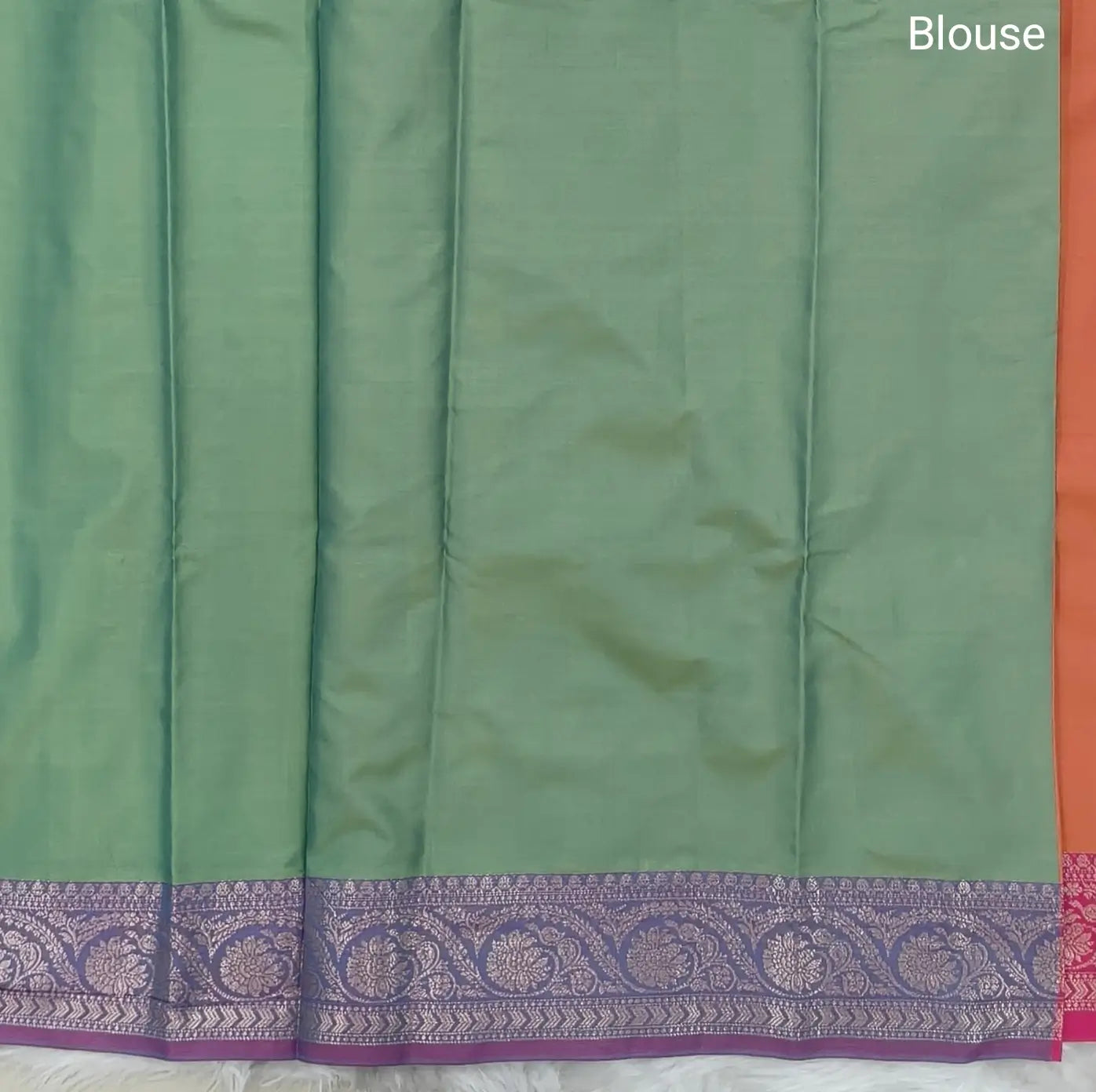 Peachish Pink dual shaded ikat printed soft silk saree with silver zari woven double side borders, contrast printed pallu, contrast running blouse with zari woven borders. NS95