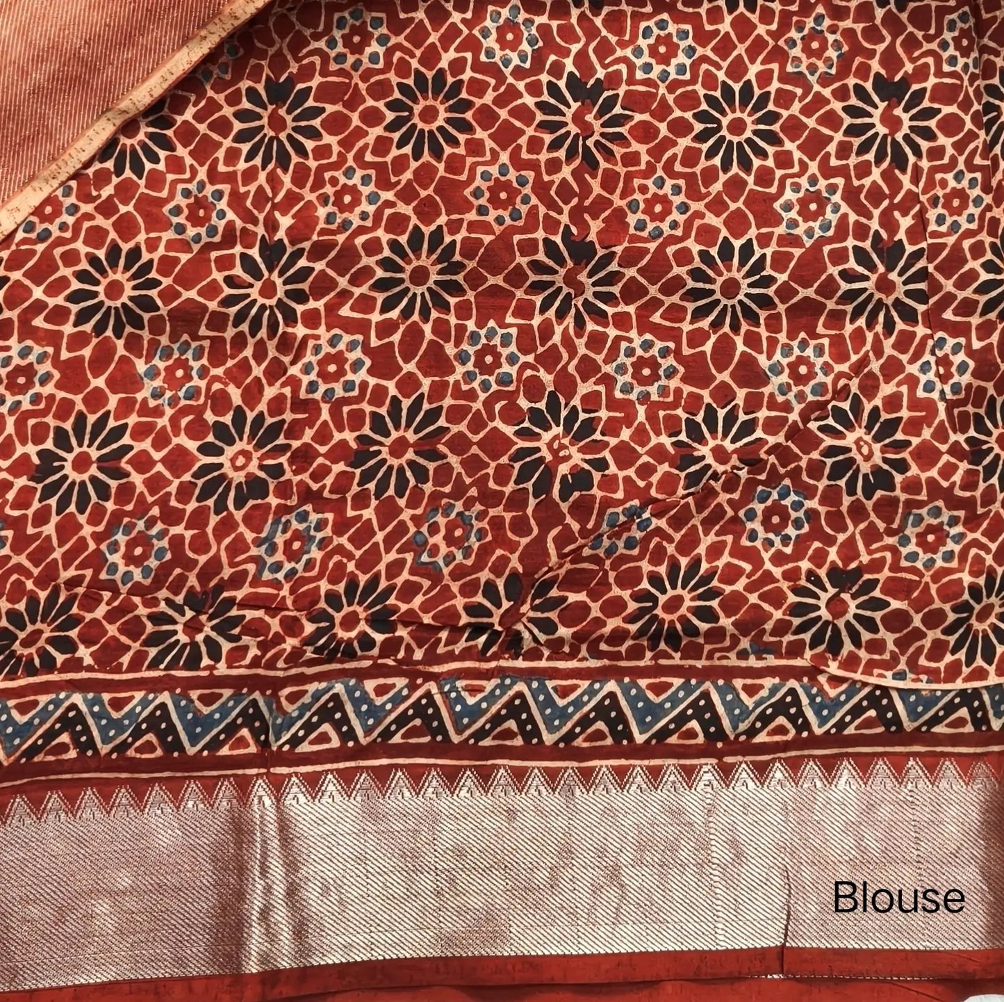 Reddish maroon ajrak hand block printed pure dola silk saree, benarasi zari woven double side borders, hand block printed pallu, running blouse with borders.(DRY CLEAN RECOMMENDED , MILD STAINS AND DYES ARE NOT DEFECTS). NS100