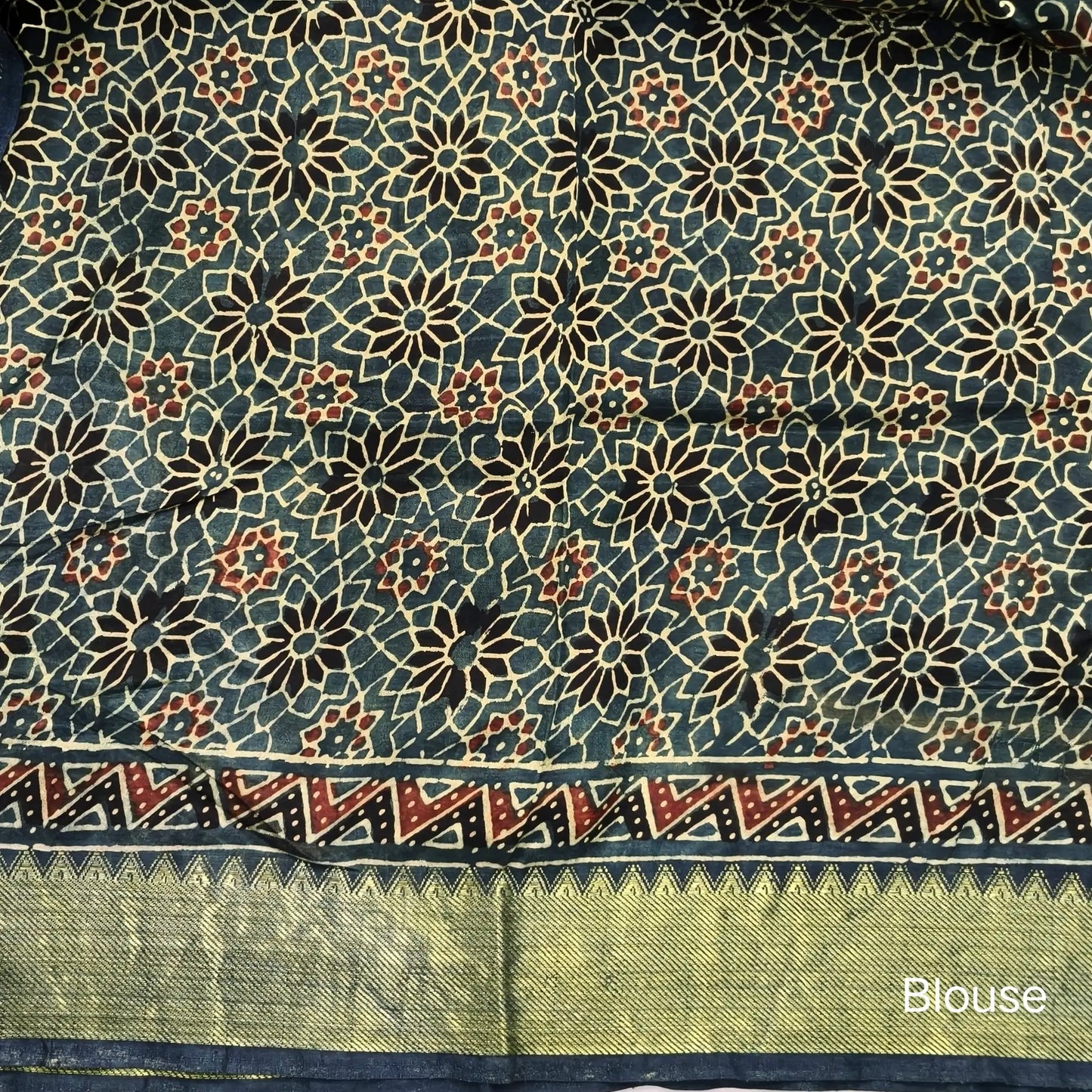 Dark green ajrak hand block printed pure dola silk saree, benarasi zari woven double side borders, hand block printed pallu, running blouse with borders.(DRY CLEAN RECOMMENDED , MILD STAINS AND DYES ARE NOT DEFECTS). NS103