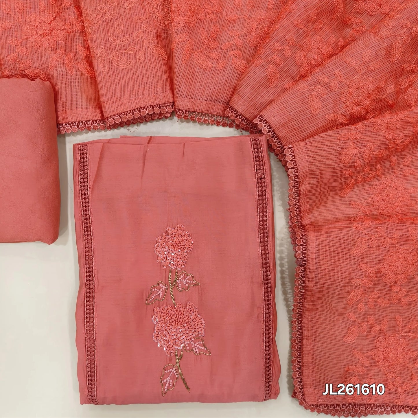 Peachish pink premium mul chanderi unstitched salwar material,lace work,thread,sequins and zarodzi on yoke(lining needed)spun cotton bottom, rich self embroidery work on kota dupatta. JL261610