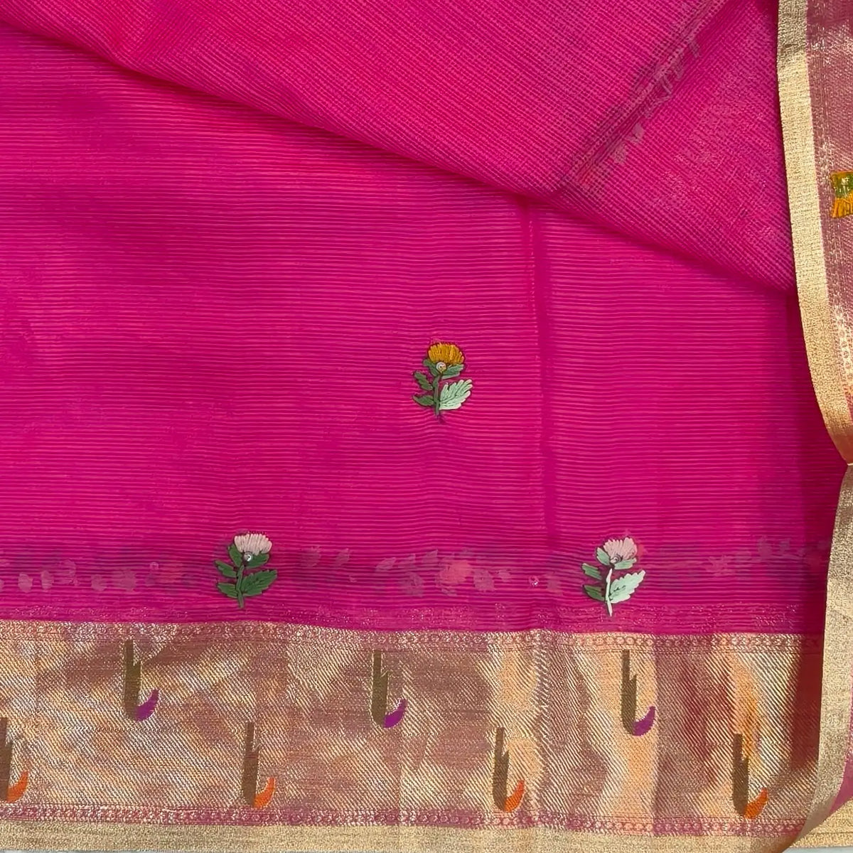 Rani pink premium kota silk saree(soft, thin)with rich hand embroidery work all over,paithani woven double side borders,rich zari woven pallu,with hand embroidery & sequins work,running blouse with embroidery and borders. NS256
