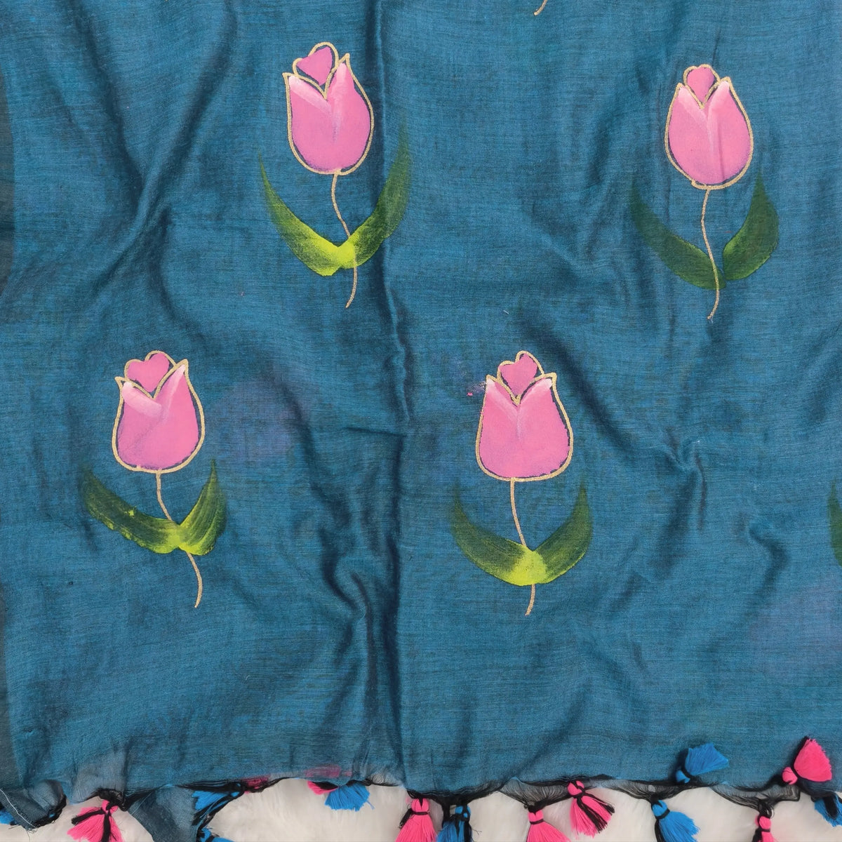 Teal blue soft mul mul cotton saree(soft, light weight)with hand brush paint work all over,handmade tassles in pallu, running blouse. NS286