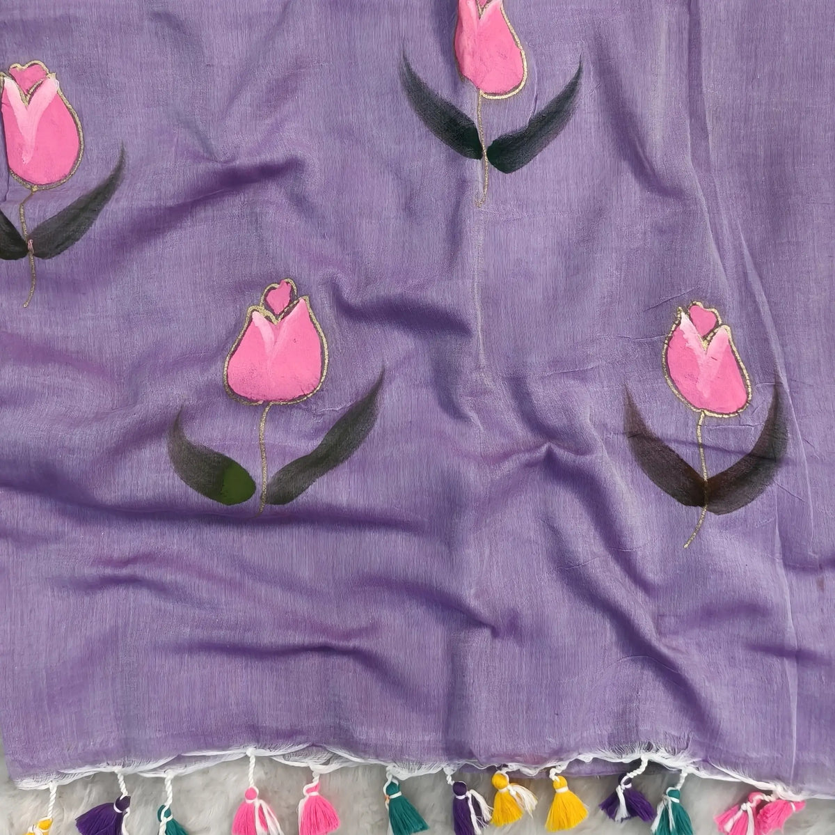 Lavender soft mul mul cotton saree(soft, light weight)with hand brush paint work all over,handmade tassles in pallu, running blouse. NS287