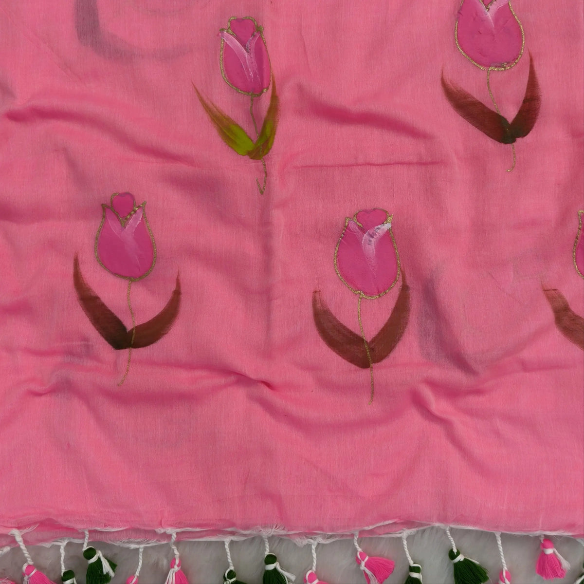 Pink soft mul mul cotton saree(soft, light weight)with hand brush paint work all over,handmade tassles in pallu, running blouse. NS284
