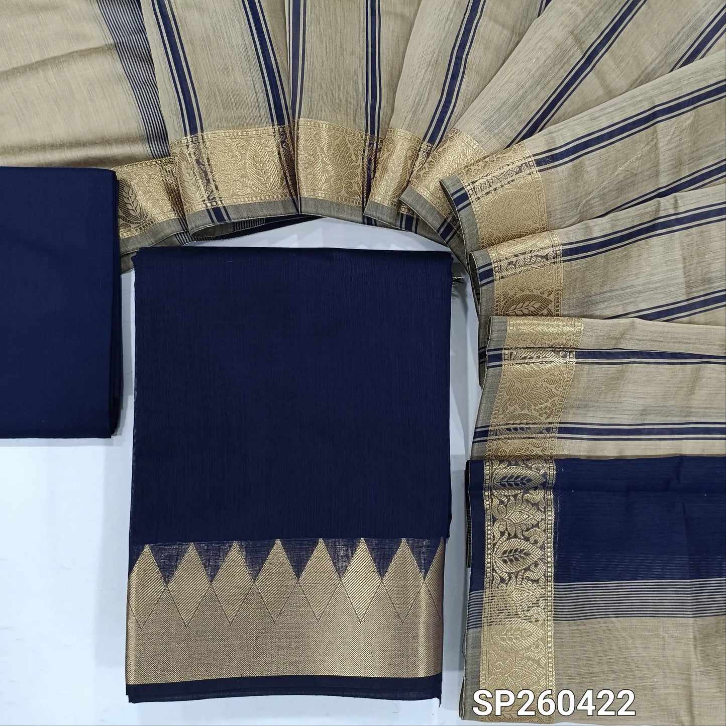 Dark Blue semi maheshwari silk cotton unstitched salwar material, zari woven temple borders (Lining Needed) Matching silk cotton bottom, greyish beige silk cotton dupatta. SP260422