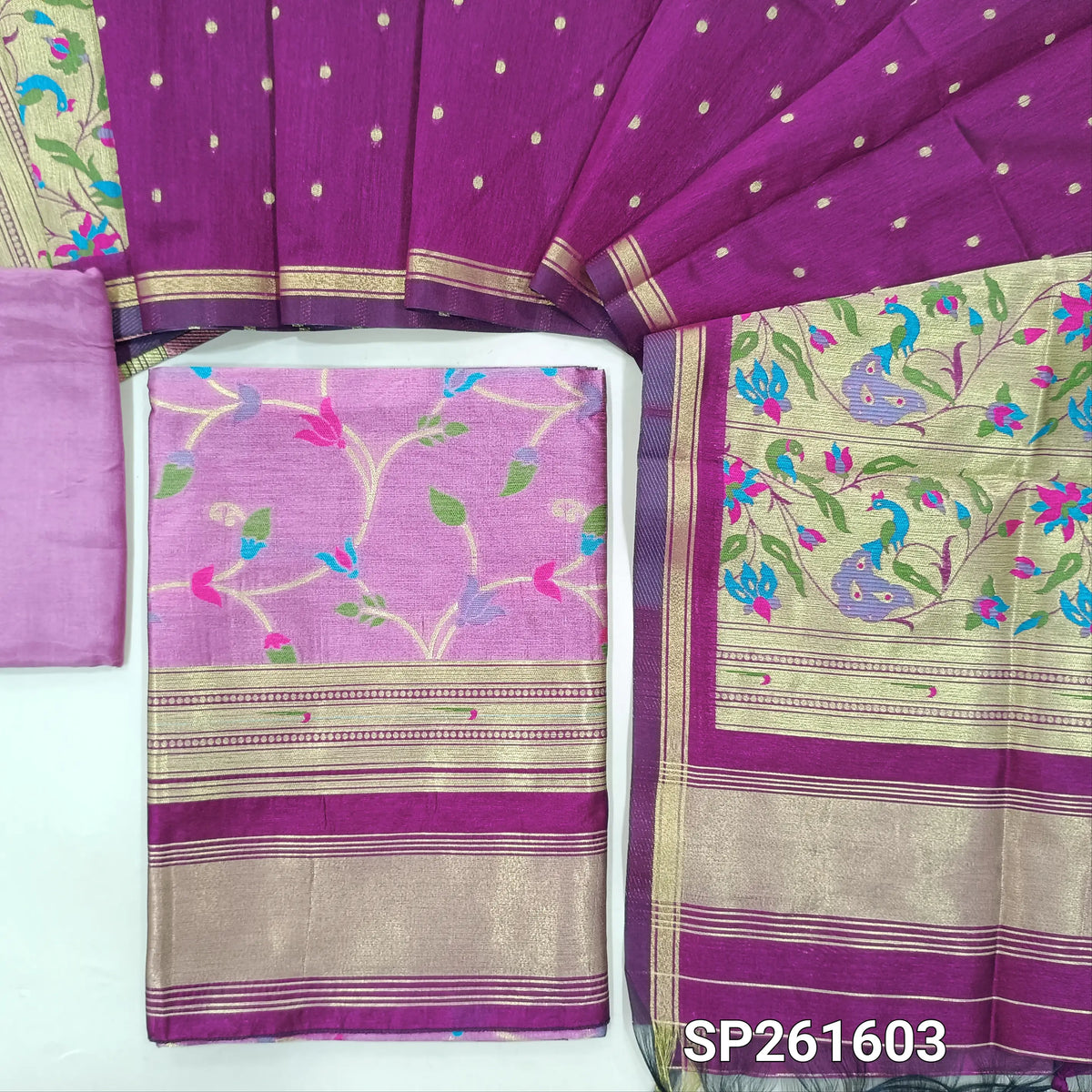 PRE ORDER SHIPPING AFTER 4 DAYS Pink and purple premium silk cotton unstitched salwar material, rich meenakari weaving all over, paithani borders (Thin, Lining Needed)santoon bottom, meenakari weaving on silk cotton dupatta. SP261603