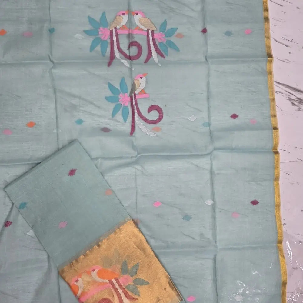 PREORDER: SHIPPING AFTER 1 WEEK Pastel blue muslin jamdani unstitched salwar material, thread weaving on yoke& front(thin, lining needed)NO BOTTOM, muslin jamdani full length dupatta with gold tissue pallu& paithani weaving. CODE SP250531