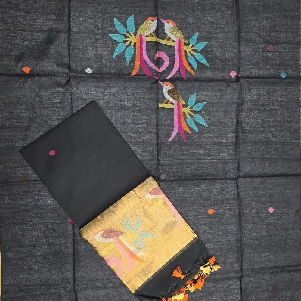 PREORDER: SHIPPING AFTER 1 WEEK Black muslin jamdani unstitched salwar material, thread weaving on yoke& front(thin, lining needed)NO BOTTOM, muslin jamdani full length dupatta with gold tissue pallu& paithani weaving. CODE SP250532