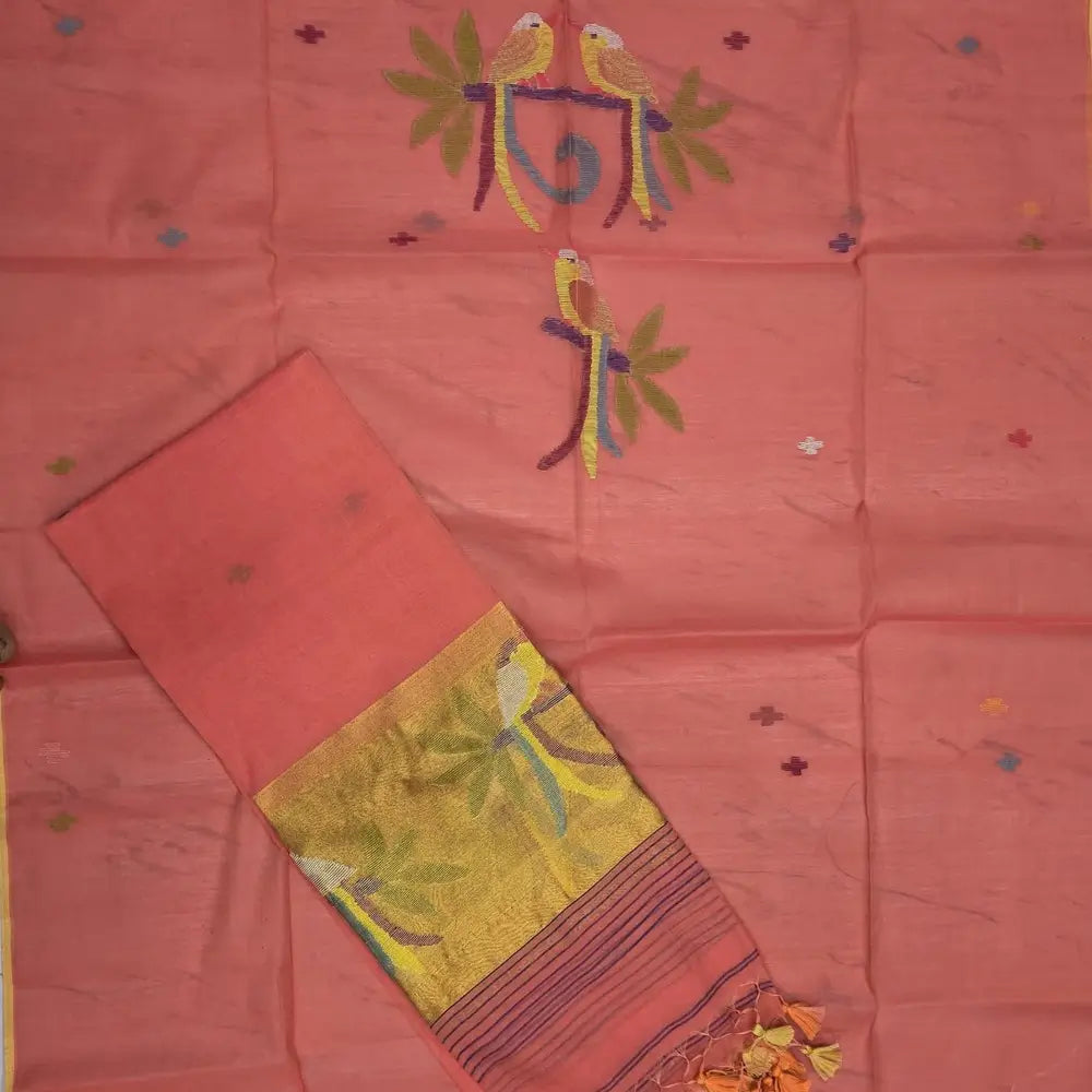 PREORDER: SHIPPING AFTER 1 WEEK Peachish pink muslin jamdani unstitched salwar material, thread weaving on yoke& front(thin, lining needed)NO BOTTOM, muslin jamdani full length dupatta with gold tissue pallu& paithani weaving. CODE SP250534