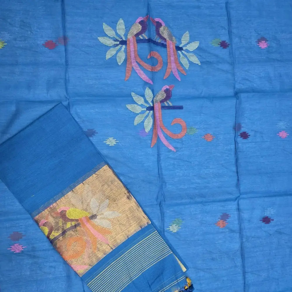 PREORDER: SHIPPING AFTER 1 WEEK Blue muslin jamdani unstitched salwar material, thread weaving on yoke& front(thin, lining needed)NO BOTTOM, muslin jamdani full length dupatta with gold tissue pallu& paithani weaving. CODE SP250530