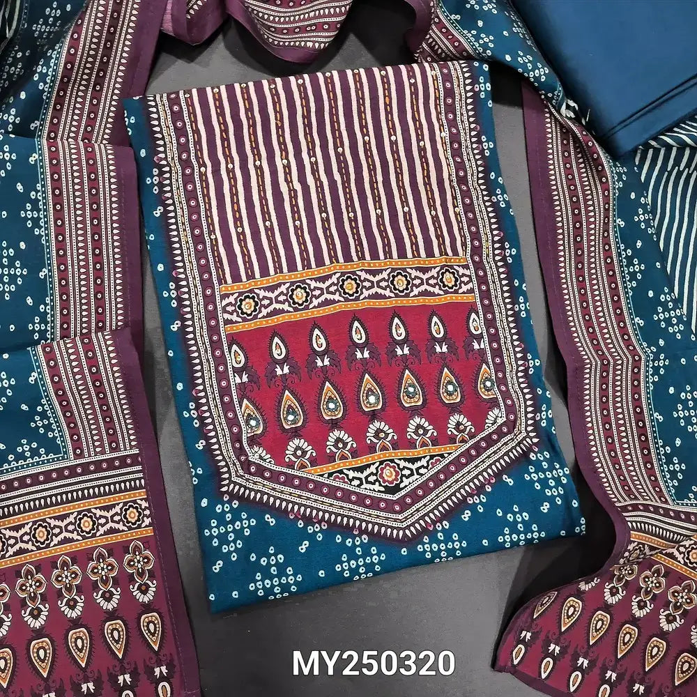 Greyish blue designer ajrak printed pure maslin silk unstitched salwar material, heavy work on yoke& front(shiny fabric, lining needed)matching santoon bottom, ajrak printed pure crepe silk dupatta. CODE AG242101 main image 1