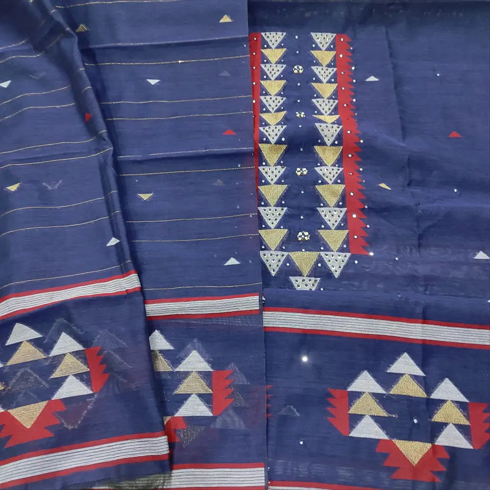 CODE FB250603: Dark blue jamdani woven premium silk cotton unstitched salwar material thread& sequins work on yoke(thin