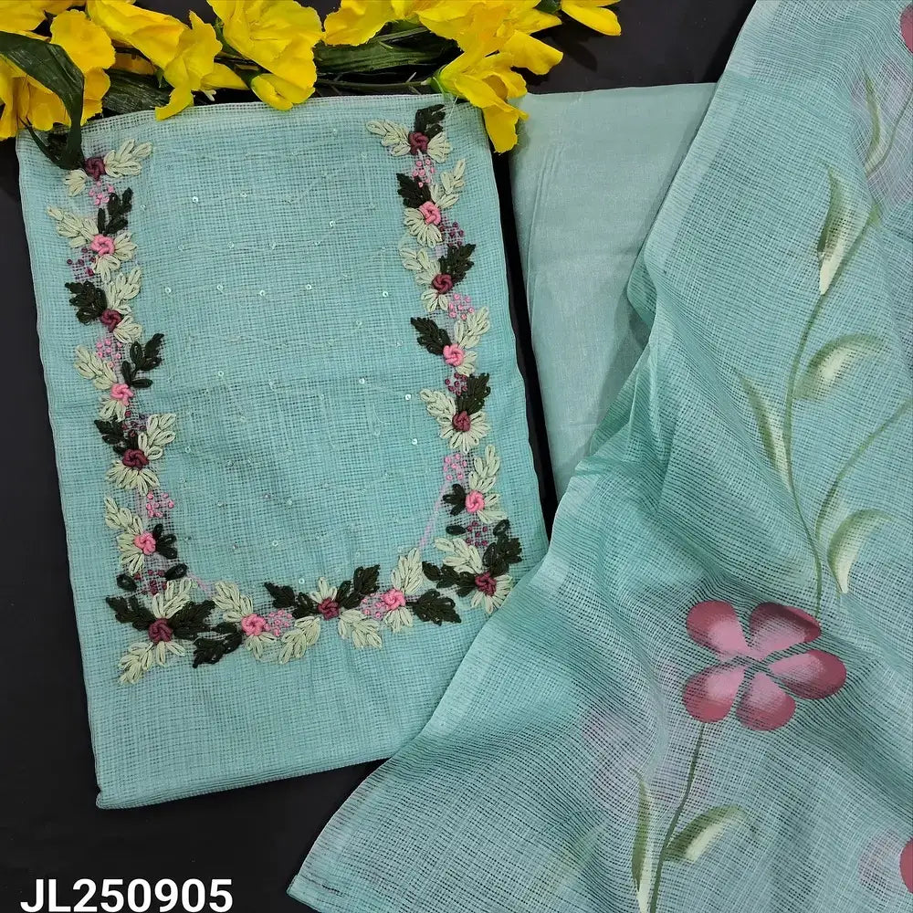 Light beige silk cotton unstitched salwar material, v neck with bead, embroidery and crochet work on yoke(lining needed)matching silky bottom, embroidery work on fancy soft silk cotton dupatta. NV252011 main image 0