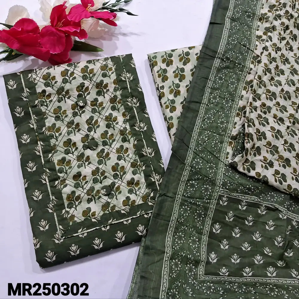 Cement green spun silk cotton unstitched salwar material, embroidered on yoke(thin fabric, lining needed)peach cotton bottom, ikat printed fancy tabby silk dupatta(REQUIRES TAPINGS). CODE FB250825 main image 0