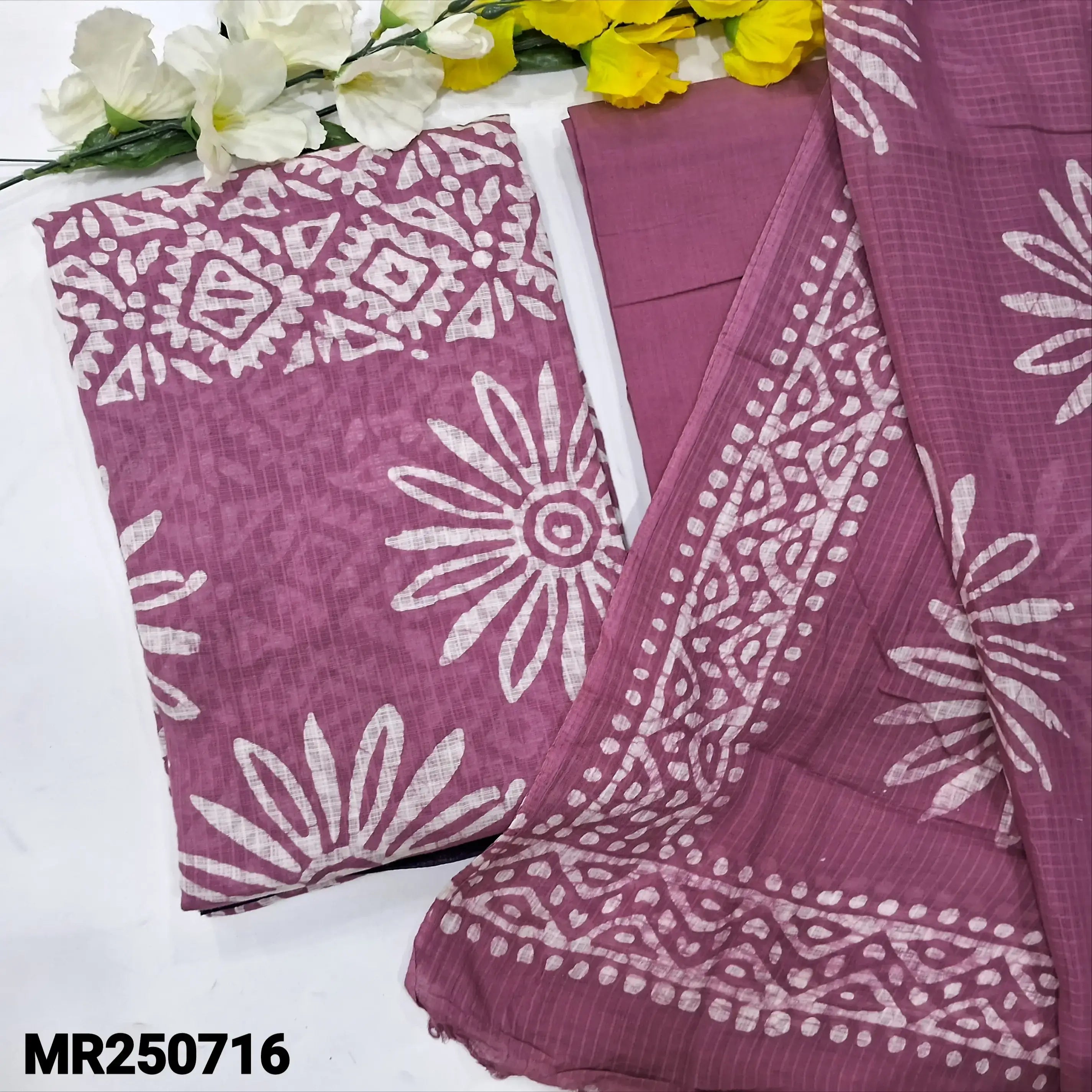 Grey pure kantha cotton unstitched salwar material, batik dyed yoke with faux mirror work(lining optional)maroon batik dyed pure cotton bottom, original wax batik dyed soft silk cotton dupatta. CODE JA253106 main image 0