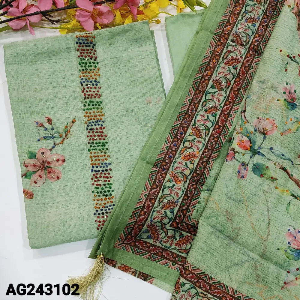 CODE AG243102: Pastel green digital printed premium silk cotton unstitched salwar material french knot detail on yoke&
