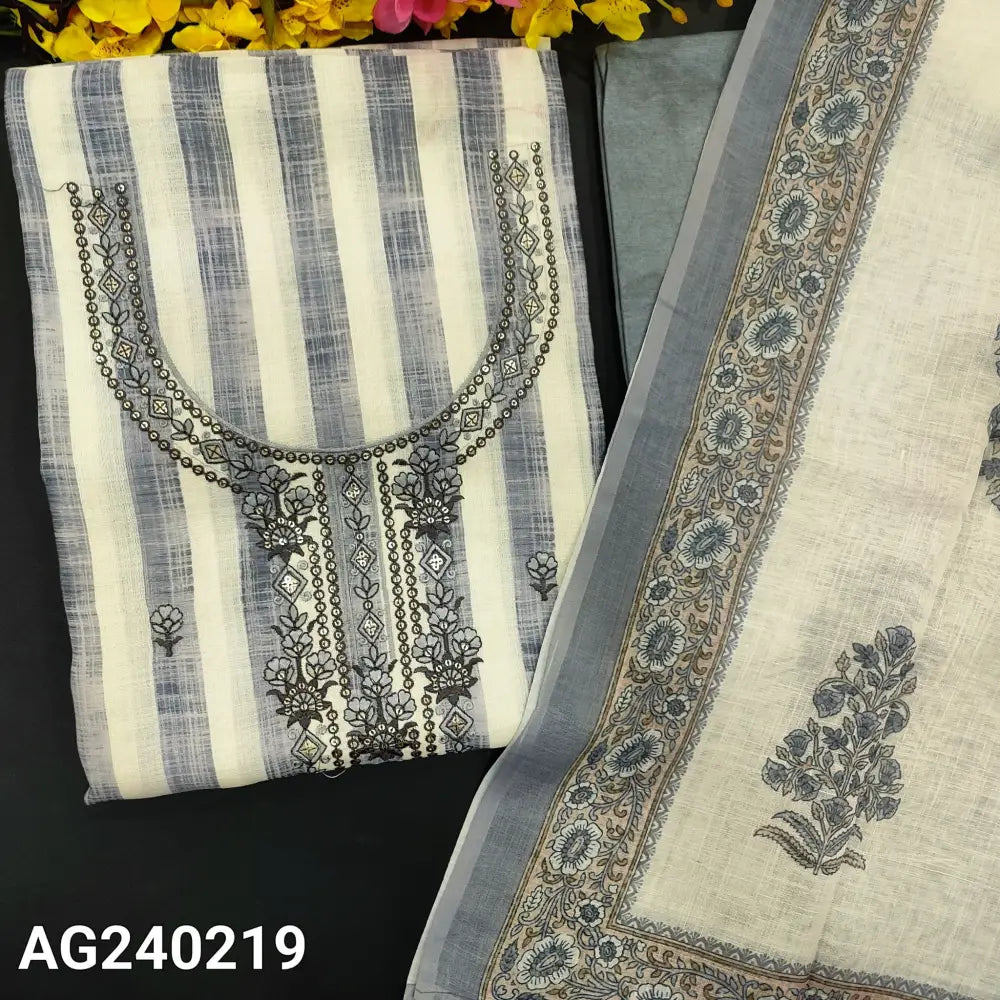 CODE AG240219: Half white& grey striped semi linen unstitched salwar material thread& sequins work on yoke floral