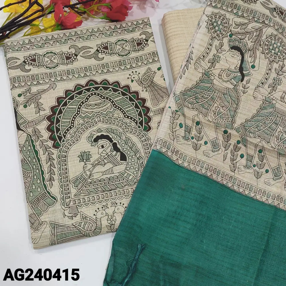 CODE AG240415: Beige bagalpuri jute silk cotton unstitched salwar material,madhubani hand block printed all over,beige