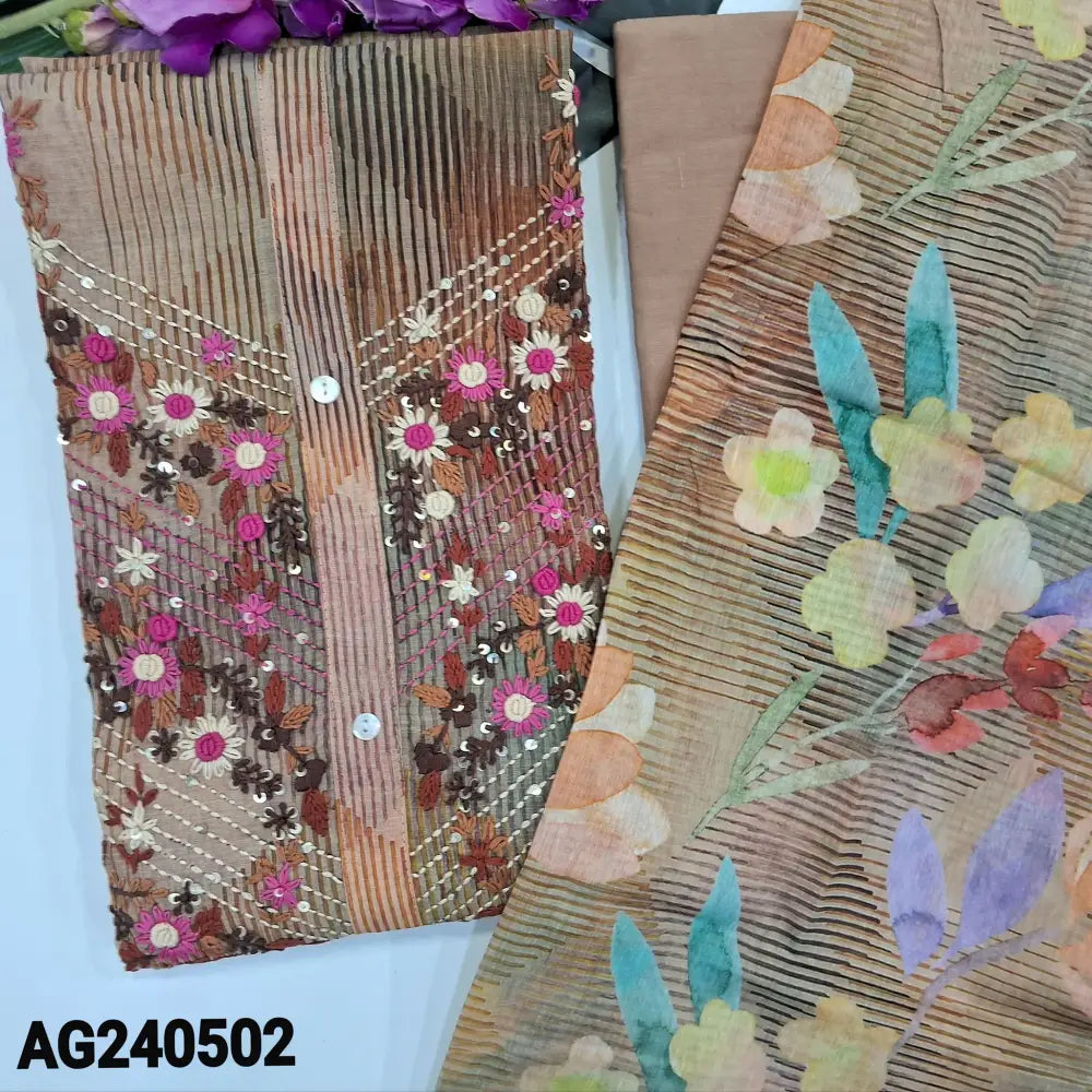 CODE AG240502: Greenish beige designer abstract printed silk cotton unstitched salwar material rich hand work
