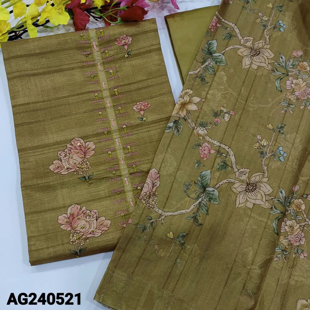 CODE AG240521: Mehandhi green floral printed semi tussar unstitched salwar material thread& sequins work on yoke self