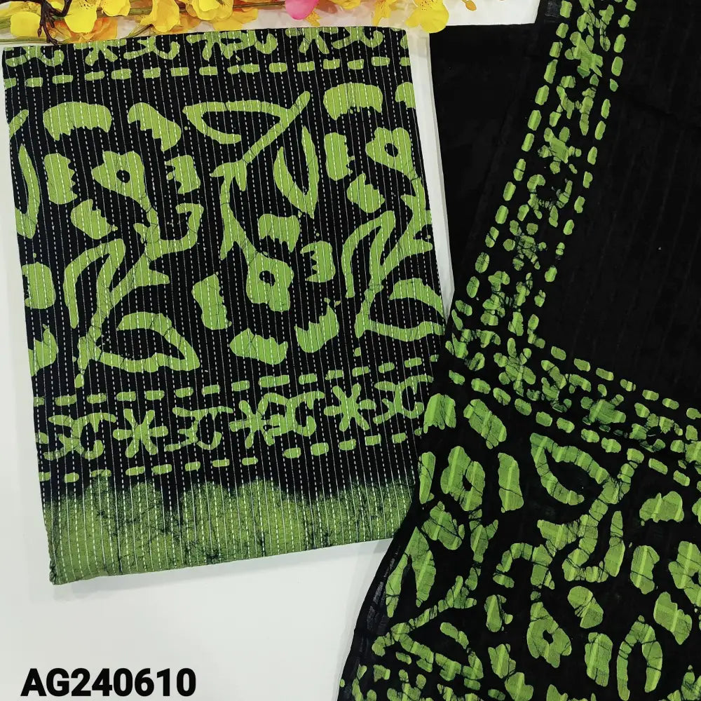 CODE AG240610: Light green original wax batik pure kantha cotton unstitched salwar material(lining optional)black batik