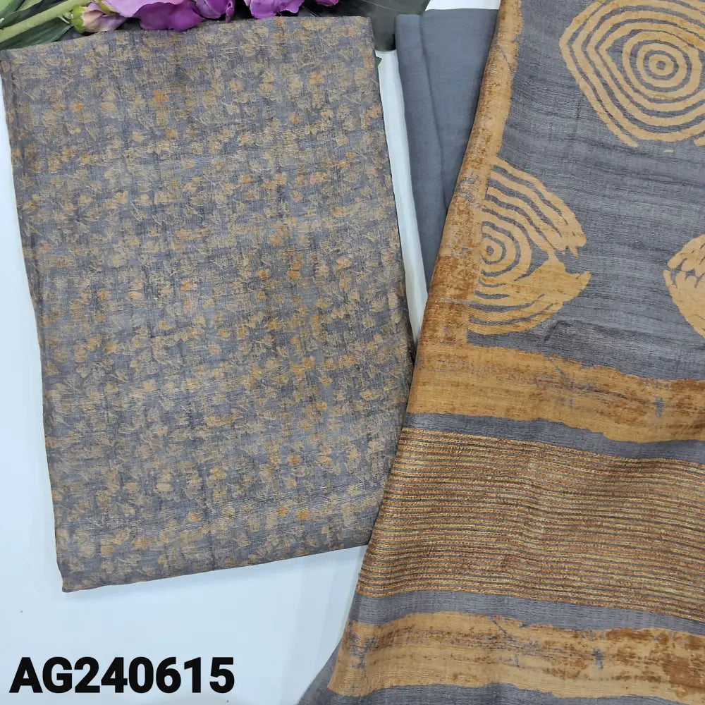 CODE AG240615: Grey floral printed premium tussar unstitched salwar material(textured fabric lining needed)matching