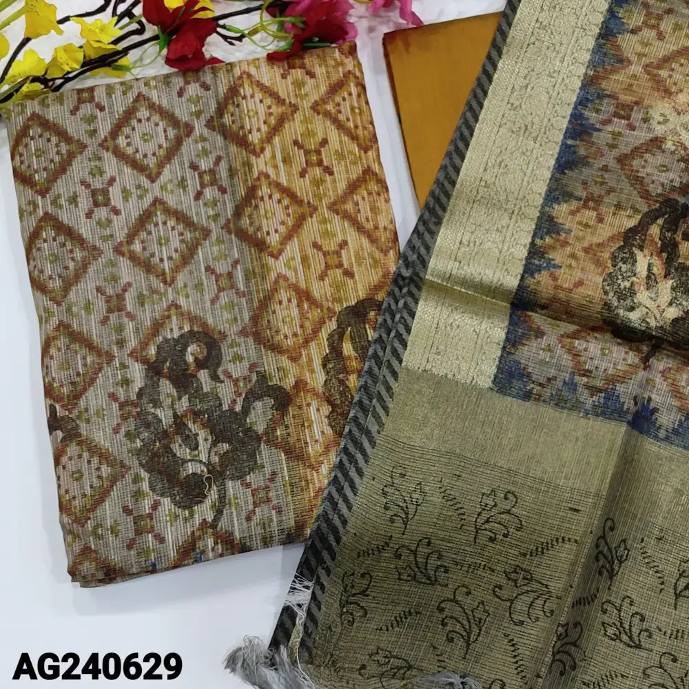 CODE AG240629: Light mehandhi yellow& light grey printed tissue kota unstitched salwar material(thin lining