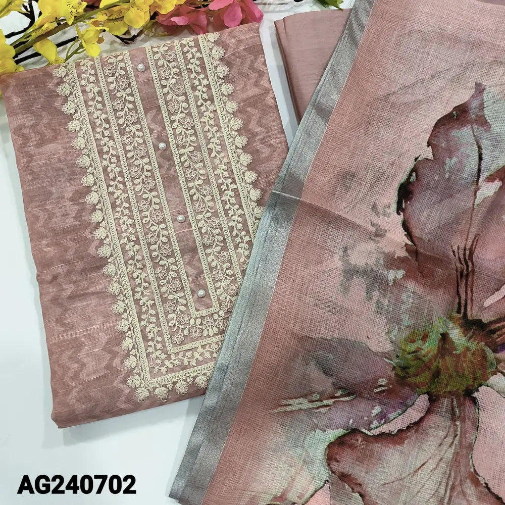 CODE AG240702: Light onion pink designer digital printed premium linen unstitched salwar material embroidered& bead