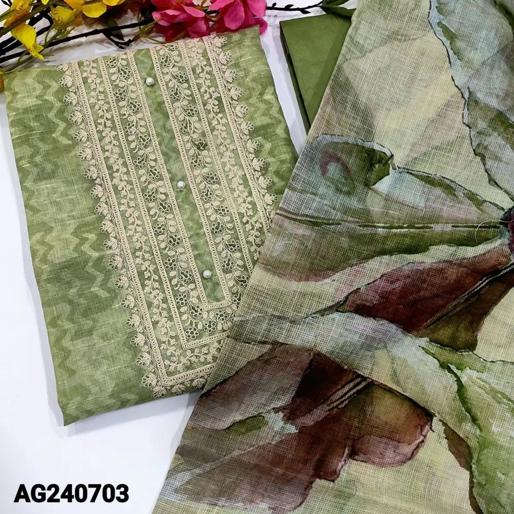 CODE AG240703: Pastel green designer digital printed premium linen unstitched salwar material embroidered& bead work