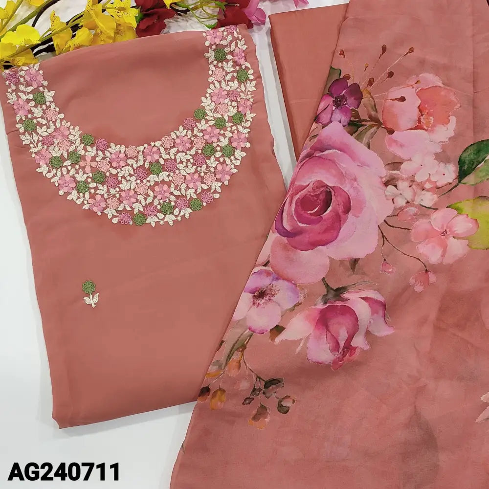 CODE AG240711: Pastel peach semi georgette unstitched salwar material heavy embroidered on yoke floral embroidered