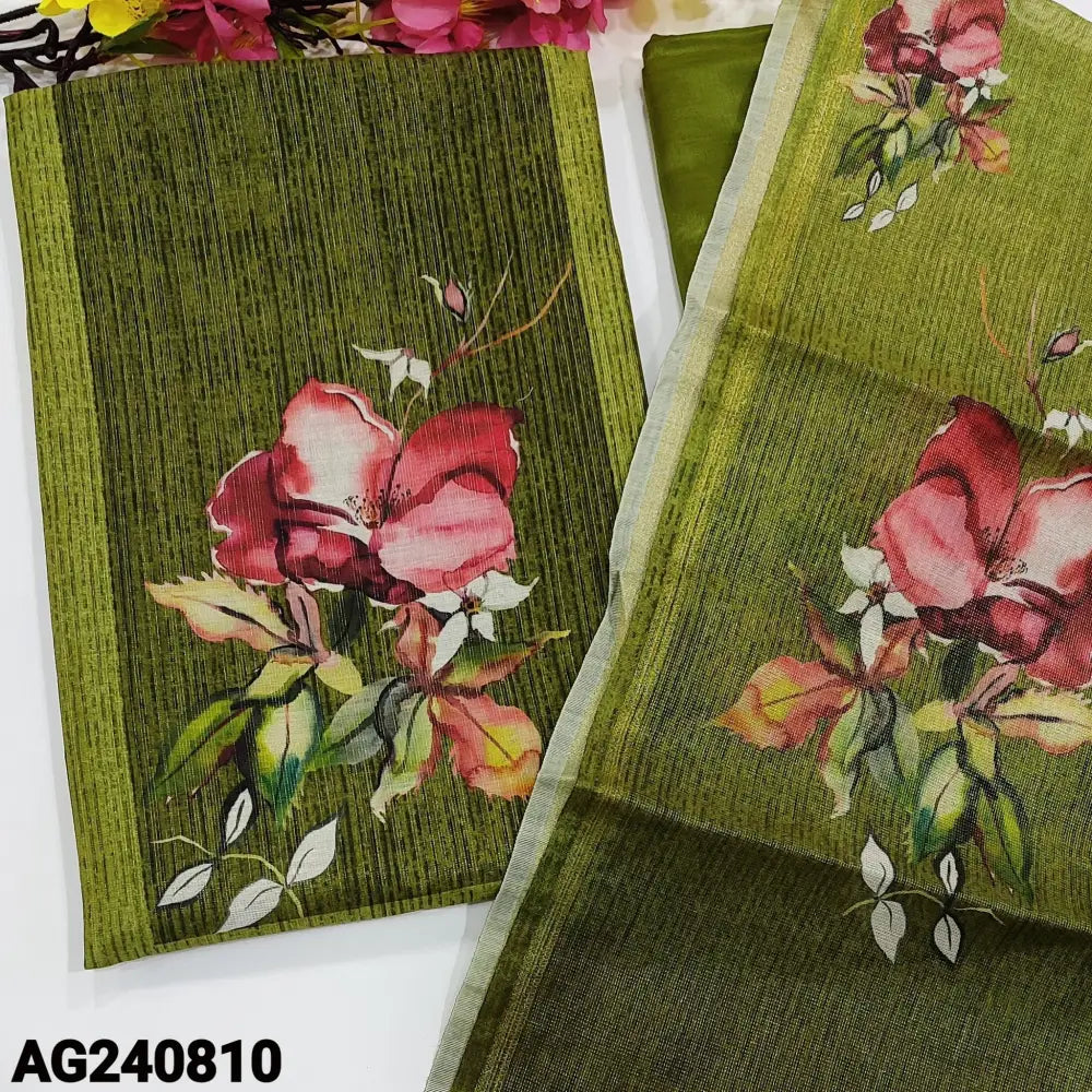 CODE AG240810: Dark &light mossy green fancy tissue silk cotton unstitched salwar material floral printed