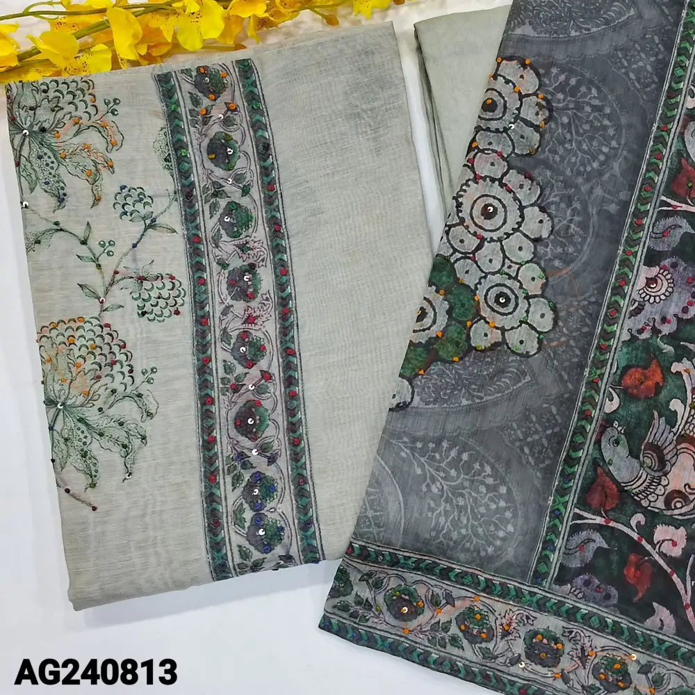 CODE AG240813: Greyish green designer soft silk cotton unstitched salwar material printed with french knot& sequins