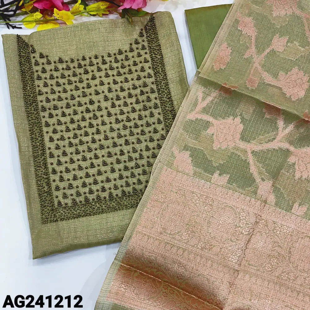 CODE AG241212: Pastel green with pink zari premium tissue silk cotton unstitched salwar material,heavy bead work
