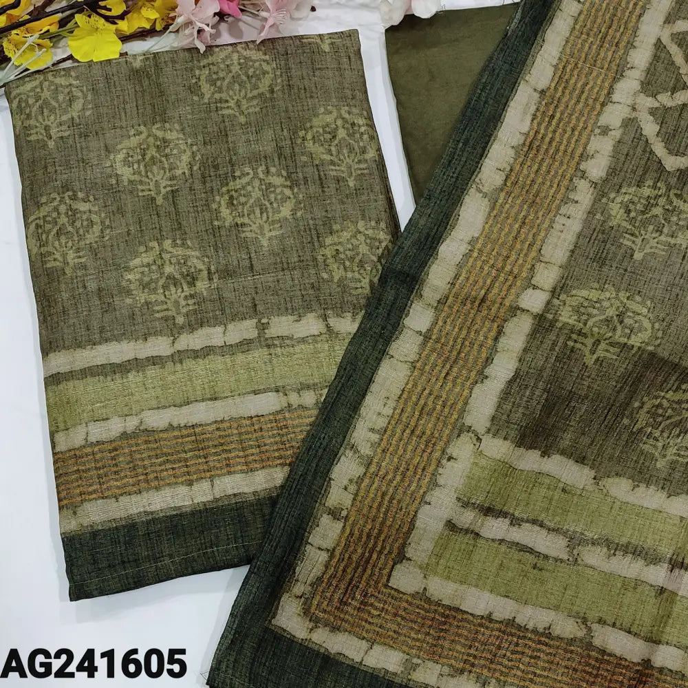 CODE AG241605: Light olive green designer printed premium jute silk unstitched salwar material(textured fabric lining