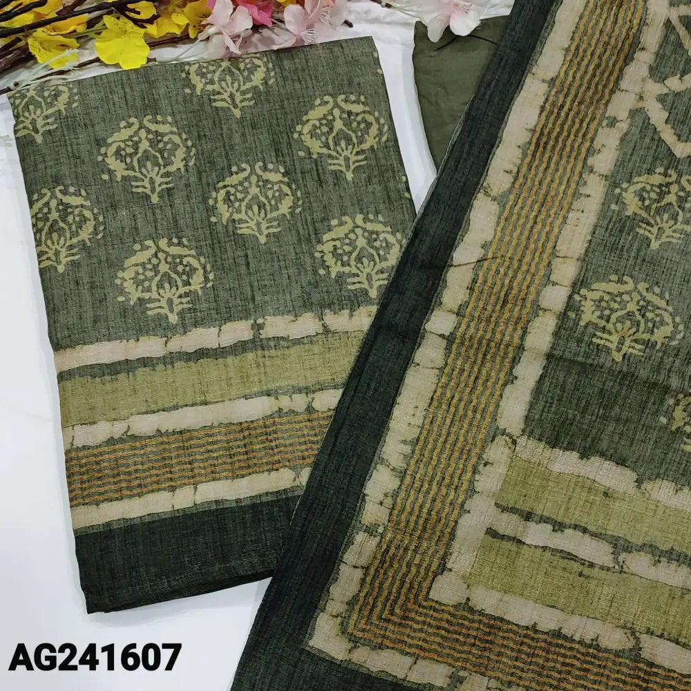 CODE AG241607: Cement green designer printed premium jute silk unstitched salwar material(textured fabric lining