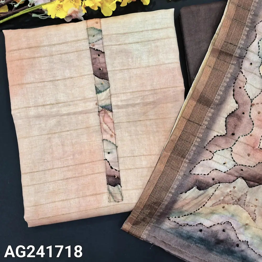 CODE AG241718: Pale peach premium semi tussar unstitched salwar material printed yoke self weaving design all