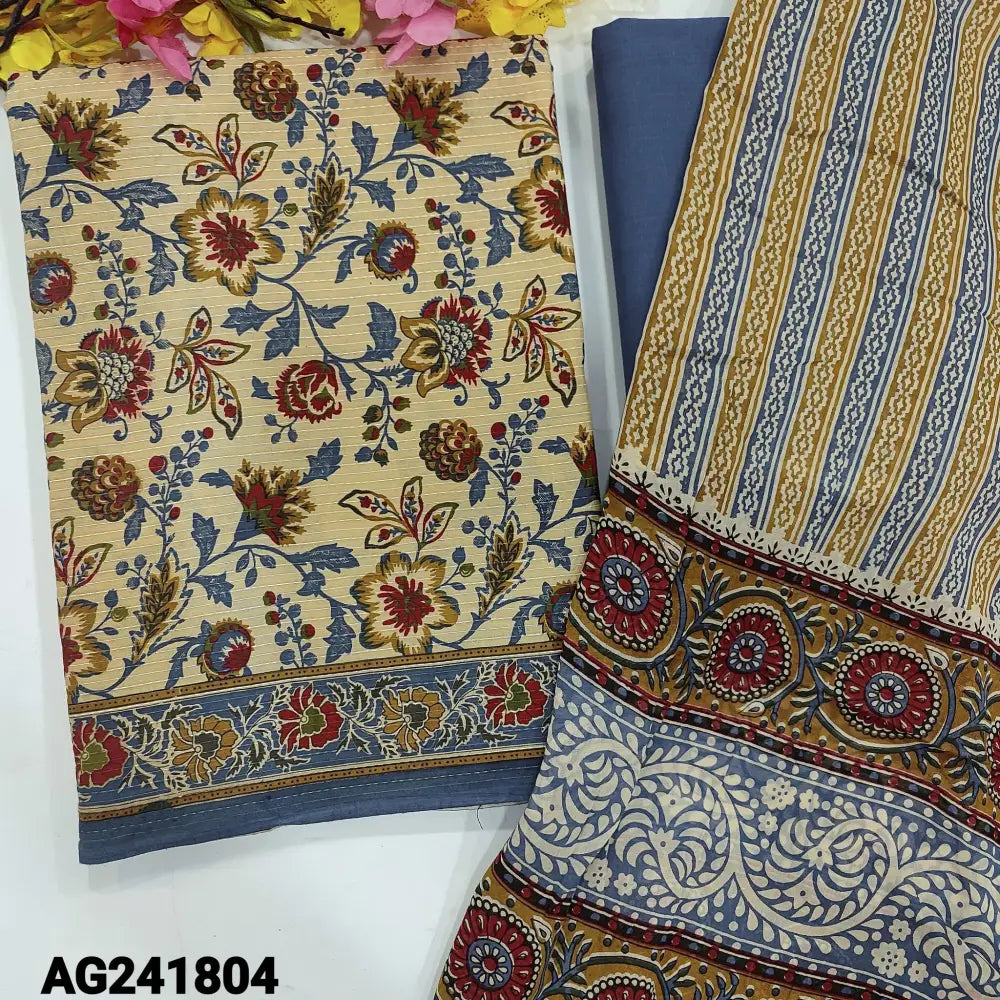 CODE AG241804: Beige base floral printed pure soft kantha cotton(lining needed)blue cotton bottom printed cotton